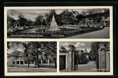 AK Pretzsch a. Elbe, Brunnen auf dem Konzertplatz, vor dem Eisenmoorbad, am Schlosseingang