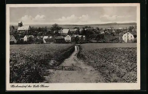 AK Höckendorf bei Edle Krone, Ortstotale vom Feldweg aus, Blick zur Kirche