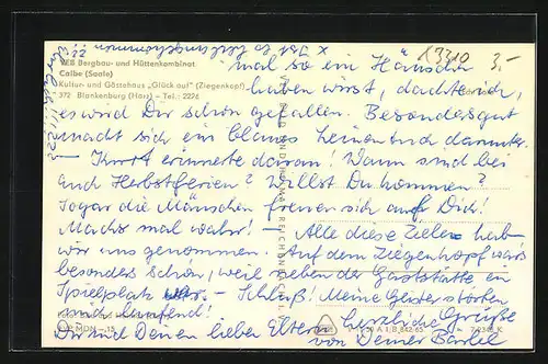 AK Calbe a. Saale, VEB Bergbau- und Hüttenkombinat, Kultur- und Gasthaus Glück Auf am Ziegenkopf