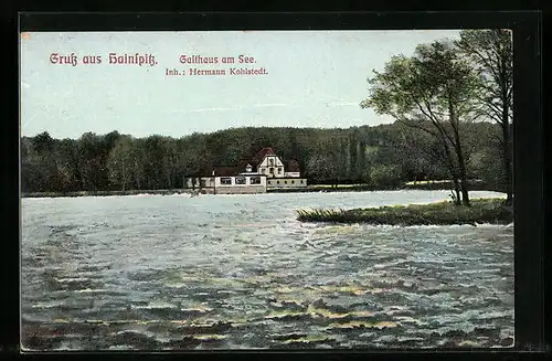 AK Hainspitz, Blick zum Gasthaus am Seeufer