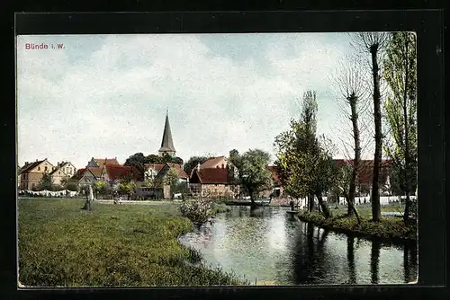 AK Bünde i. Westf., am Elseufer, Blick zum Kirchturm