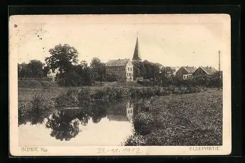 AK Bünde i. Westf., Blick vom Elseufer zur Kirche
