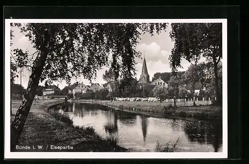 AK Bünde i. W., Elseufer mit Blick zur Kirche im Ort