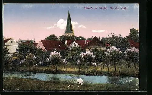 AK Bünde i. Westf., am Elseufer, Blick zum Kirchturm