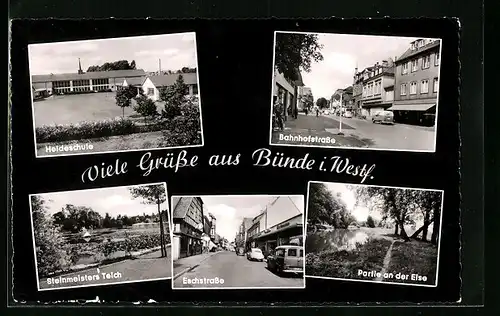 AK Bünde i. Westf., Blick in die Bahnhofstrasse, an der Heideschule, am Elseufer, in der Eschstrasse