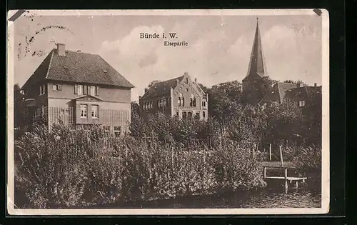 AK Bünde i. Westf., Villen am Elseufer, Blick zum Kirchturm