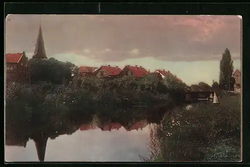 AK Bünde i. W., am Ufer der Else, Blickl zu den Wohnhäusern der Stadt