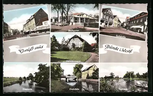 AK Bünde i. W., Bahnhofstrasse, Elsepartie, Heimatmuseum, Fischteich, Eschstrasse