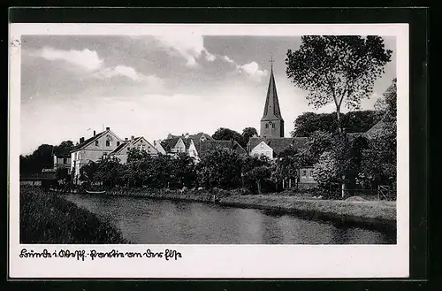 AK Bünde i. W., Partie am Ufer der Else, Blick zum Kirchturm