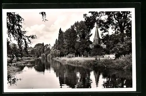 AK Bünde i. Westf., Elseufer mit Blick zum Kirchturm
