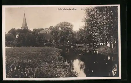 AK Bünde i. Westf., am Elseufer mit Blick zum Kirchturm im alten Teil der Stadt