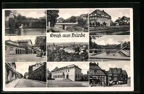 AK Bünde i. Westf., Elsebrücke, Elsemühle, Bahnhof, Eschstrasse, Sparkasse, Schwimmbad