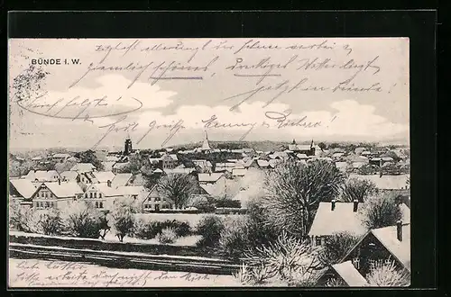 AK Bünde i. Westf., Blick über die eingeschneiten Dächer der Stadt