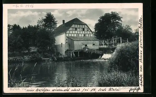 AK Bünde i. W., Blick vom Ufer auf die Elsemühle