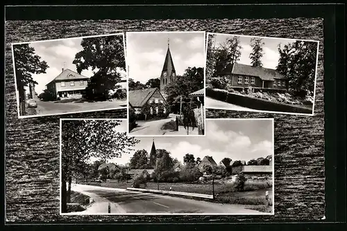 AK Römstedt b. Uelzen, Ortsansicht mit der Kirche von der Strasse aus, Blick in den Ort