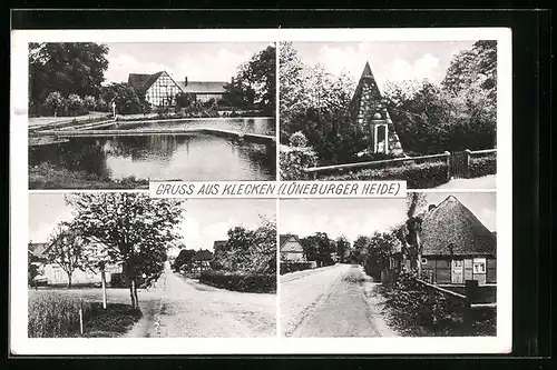 AK Klecken i. Lüneburger Heide, am teichufer, Strasse mit Wohnhäusern, die kleine Pyramide