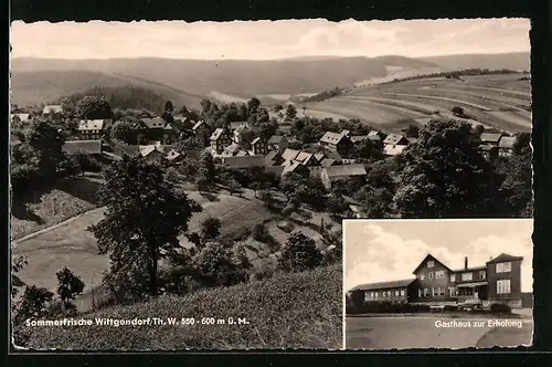 AK Wittgendorf i. Thür. Wald, Talblick mit der gesamten Ortschaft, vor dem Gasthaus zur Erholung