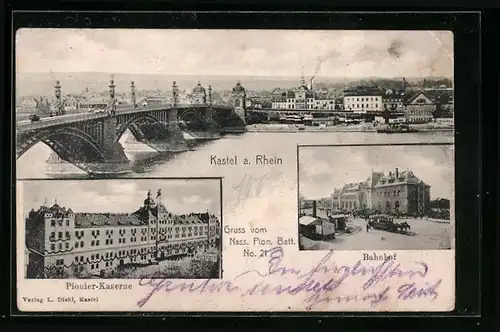 AK Kastel a. Rhein, Uferpartie mit Brücke, Pionier-Kaserne, Bahnhof