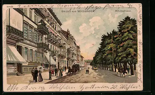 Lithographie Wiesbaden, Wilhelmstrasse mit Bank und Strassenbahn