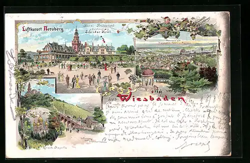 Lithographie Wiesbaden, Hotel-Restaurant und Weinhandlung Gebrüder Krell, Griechische Kapelle, Weinberg u. Drahtseilbahn