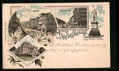 Lithographie Wiesbaden, Königliches Hoftheater, Kaiser Wilhelm I.-Denkmal, Taunusstrasse
