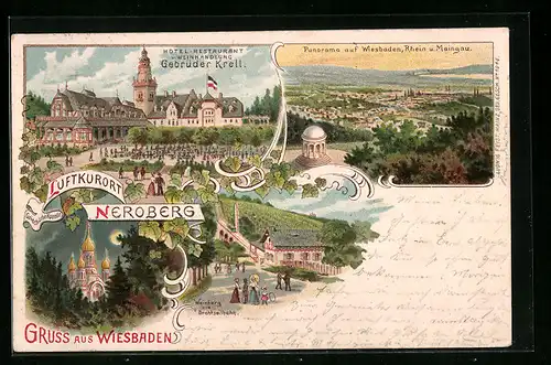 Lithographie Wiesbaden, Neroberg, Hotel-Restaurant u. Weinhandlung Gebr. Krell, Weinberg und Drahtseilbahn