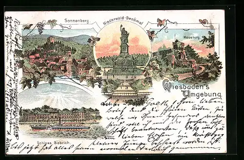 Lithographie Wiesbaden, Schloss Biebrich mit Dampfer, Moosburg, Niederwald-Denkmal