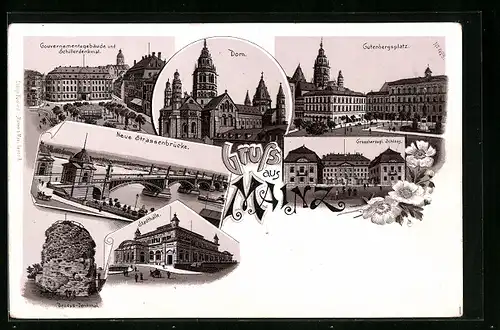 Lithographie Mainz, Stadthalle, Grossherzogliches Schloss, Dom