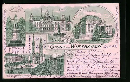 Lithographie Wiesbaden, Königliches Theater, Rathaus, Kaiser Wilhelm-Denkmal