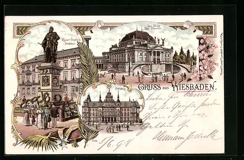 Lithographie Wiesbaden, Das Neue Königliche Theater, Kaiser-Friedrich Denkmal, Rathaus