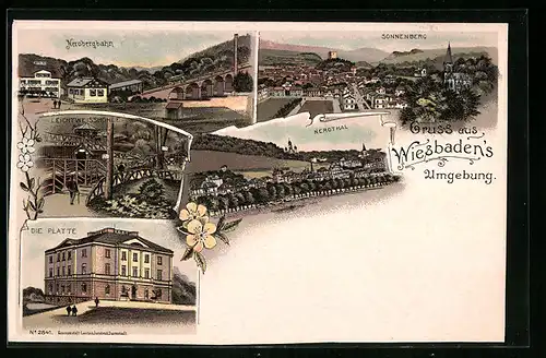 Lithographie Wiesbaden, Die Platte, Leichtweisshöhle, Nerothal