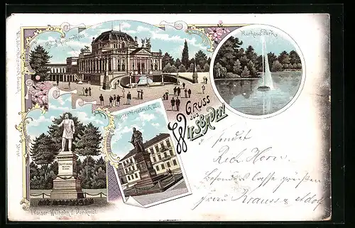 Lithographie Wiesbaden, Königliches Schauspielhaus, Kurhaus Park, Kaiser Wilhelm I. Denkmal