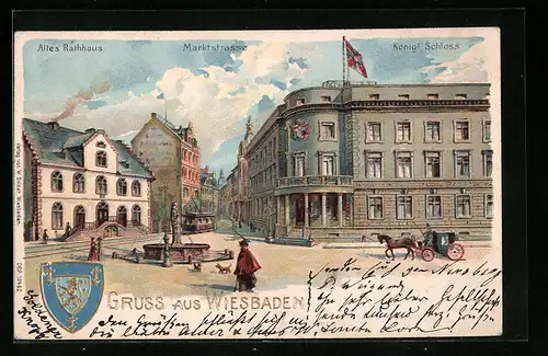 Präge-Lithographie Wiesbaden, Königliches Schloss und altes Rathaus an der Marktstrasse, Wappen