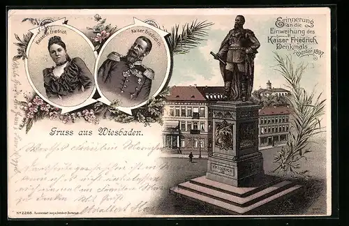 Lithographie Wiesbaden, Erinnerung an die Einweihung des Kaiser Friedrich-Denkmals 1897, Kaiser Friedrich III.