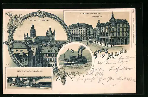 Lithographie Mainz, Mainzer und Rheinische Bierhallen, Dom, Rheindampfer