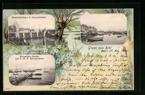 AK Kiel, Handelshafen v. d. Jensenbrücke, Reventlow Brücke mit S. M. Y. Hohenzollern