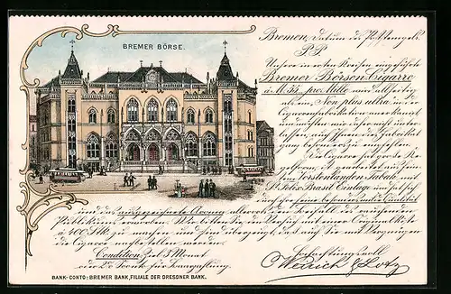 Lithographie Bremen, Bremer Börse mit Strassenbahn