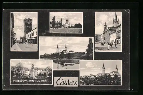 AK Cáslav, Strassenpartie mit Turm, Denkmal, Uferpartie