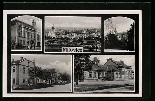 AK Milovice, Teilansicht mit Kirche, Gebäudeansicht, Strassenpartie
