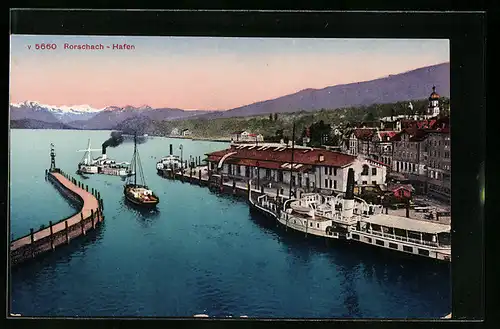 AK Rorschach, Hafen mit Dampfbooten