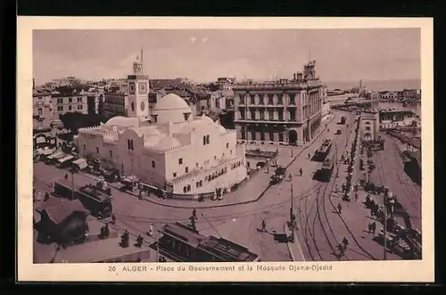 AK Alger, Place du Gouvernement et la Mosquee Djama-Djedid, Strassenbahnen