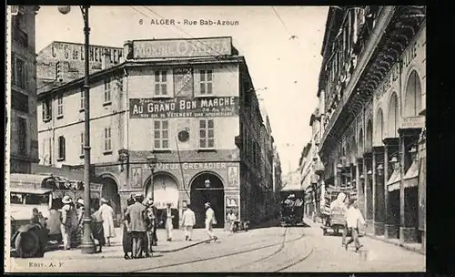 AK Alger, Rue Bab-Azoun, Strassenbahn