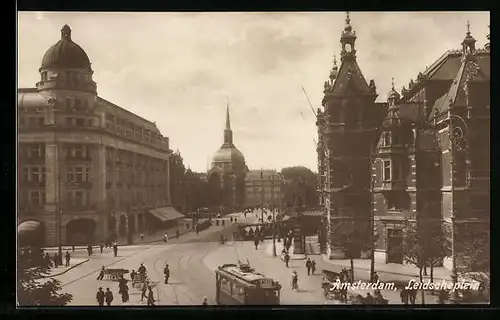 AK Amsterdam, Leidscheplein, Strassenbahn