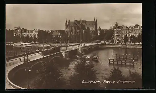 AK Amsterdam, Nieuwe Amstelbrug, Strassenbahn