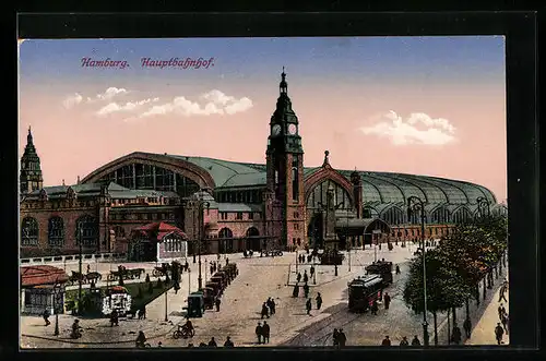 AK Hamburg, Hauptbahnhof mit Strassenbahnen
