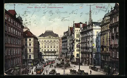 AK Wien, Neuer Markt mit Donnerbrunnen und Strassenbahnen