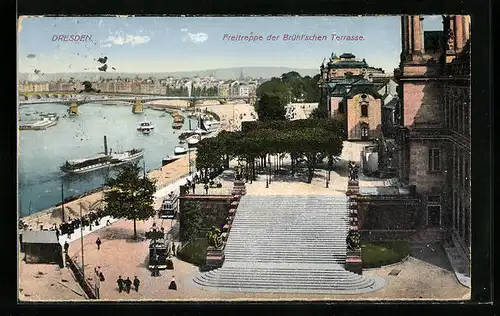 AK Dresden, Freitreppe der Brühl`schen Terrasse, Strassenbahn