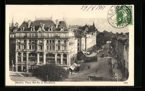 AK Genève, Place Bel-Air et Corraterie, Strassenbahn