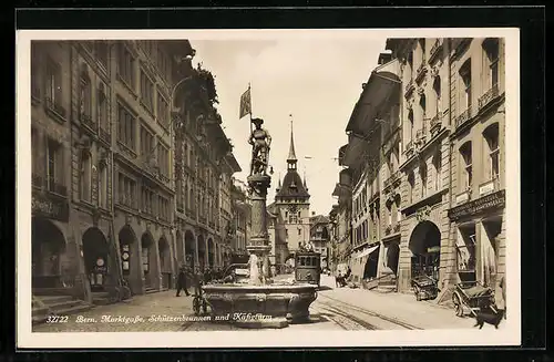 AK Bern, Marktgasse, Schützenbrunnen und Käfigturm, Strassenbahn