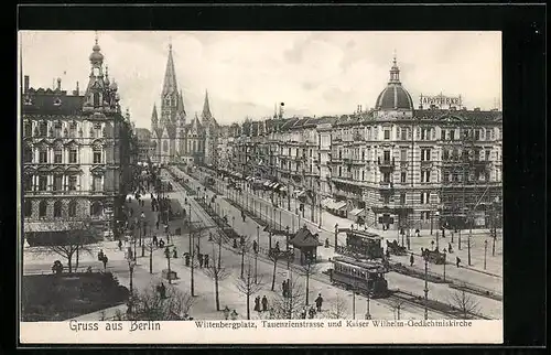 AK Berlin, Wittenbergplatz mit Strassenbahnen, Tauenzienstrasse und Kaiser Wilhelm-Gedächtniskirche